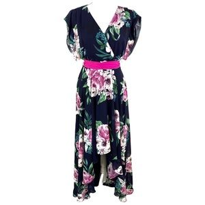 ELIZA J FLORAL PRINT CHIFFON HIGH AND LOW DRESS